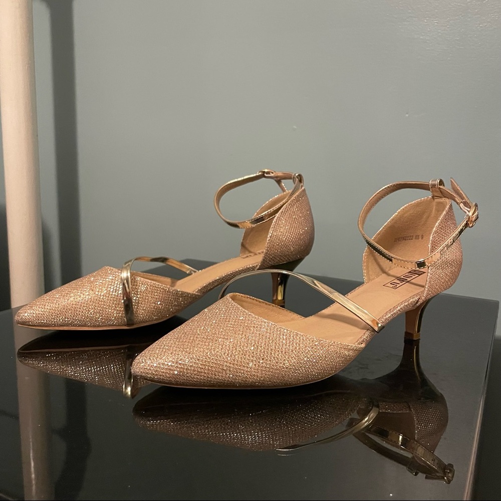 2 inch Closed Pointed Toe Gold Heels with Adjustable Ankle Strap - Wedding